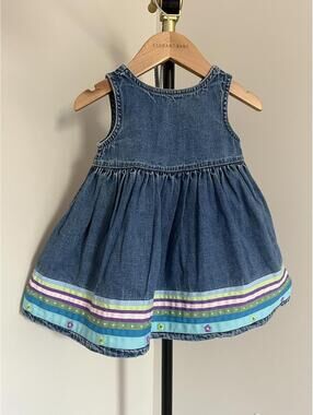 Vintage Y2K Baby Gap 2000 Denim Ribbon Trim Floral Sleeveless Dress, 6-12 Months